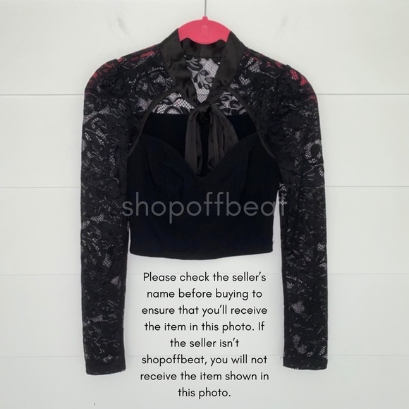 Black Lace Long Sleeve Satin Bow Tie Neck Crop Top Small - Picture 9 of 12